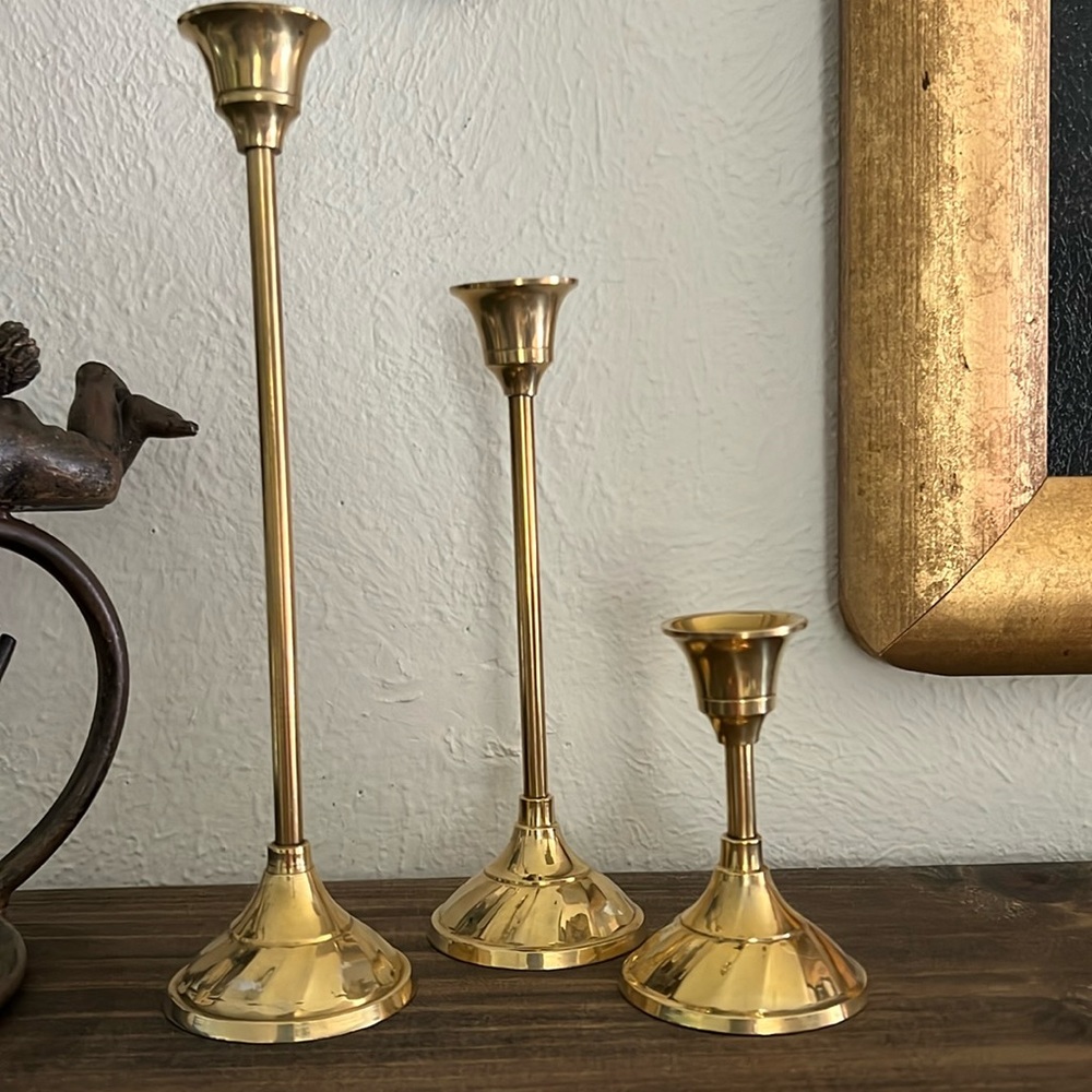3 brass candlestick holders - vintage brass